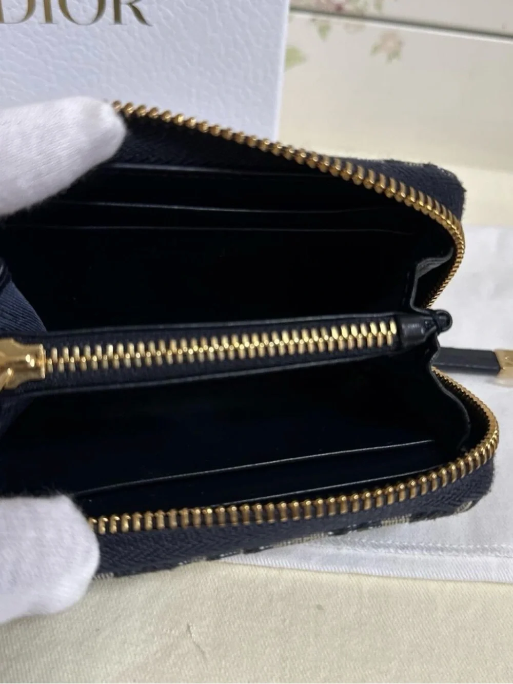 Dior Navy & Beige Oblique Zip Card/Coin Case Holder